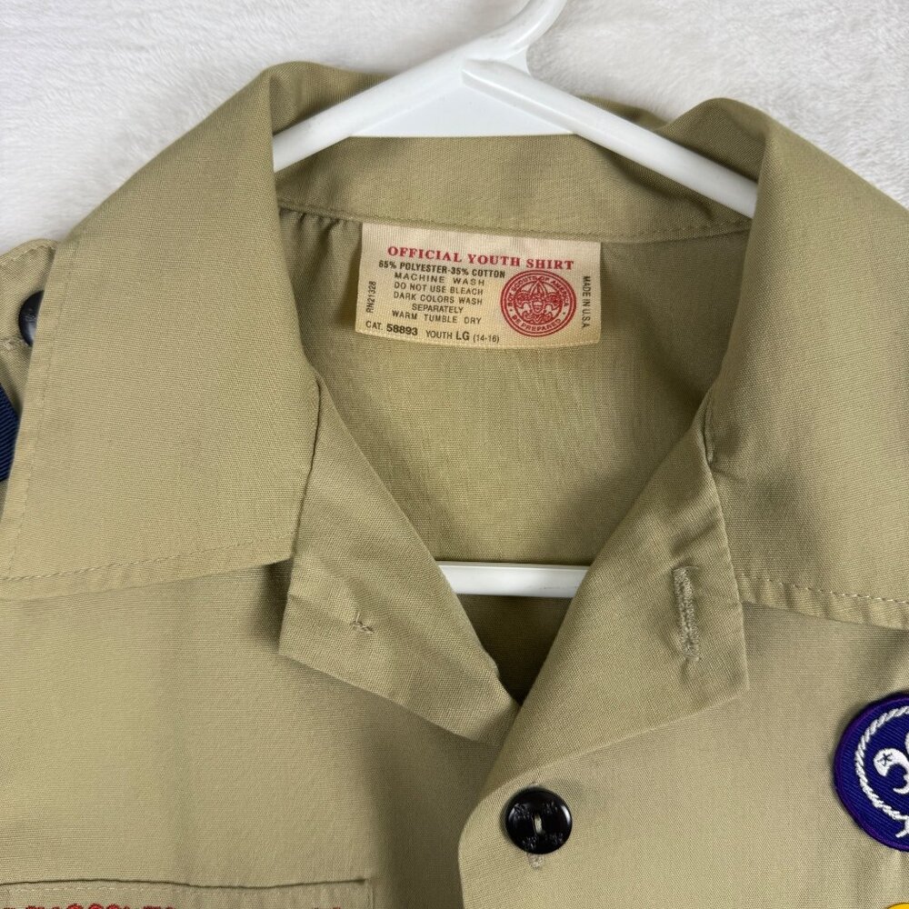 Boy Scouts Button Shirt Tan Uniform Long Sleeve Scoutcore Y2K Youth Large 14-16 - Picture 2 of 10